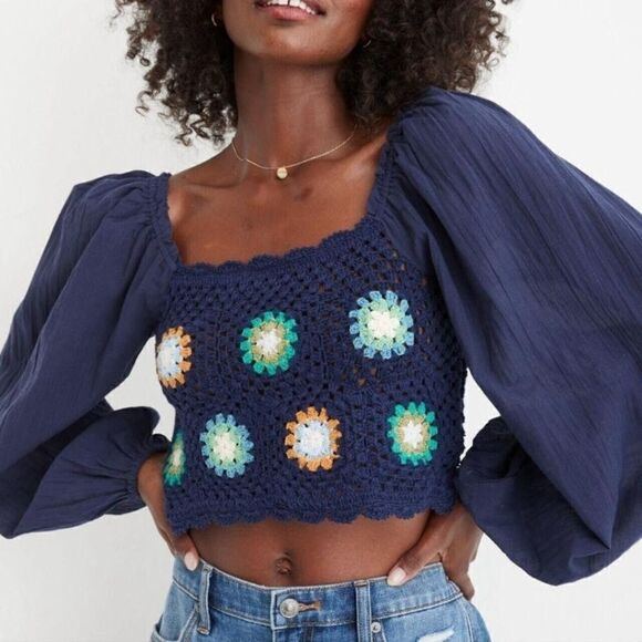 Aerie Women's Sz XS Boho Blue Crochet Granny Square Floral Puff Sleeve Crop Top - Picture 9 of 9